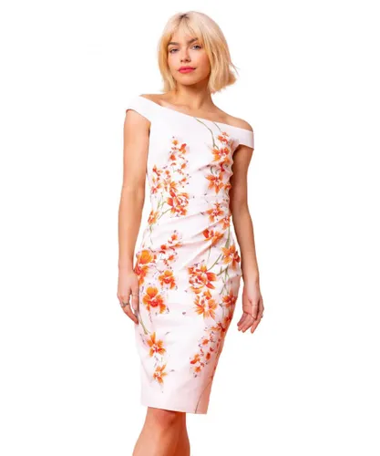 Dusk Womens Fitted Bardot Floral Print Ruched Dress - White