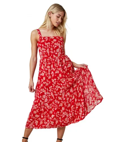 Dusk Womens Floral Print Tiered Maxi Dress - Red