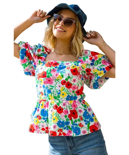 Dusk Womens Floral Puff Sleeve Cotton Top - Multicolour