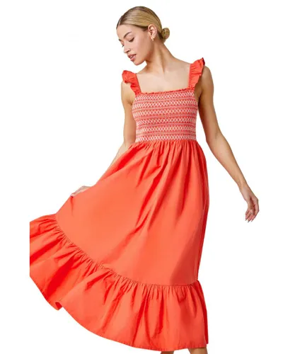 Dusk Womens Frill Detail Shirred Stretch Midi Dress - Orange