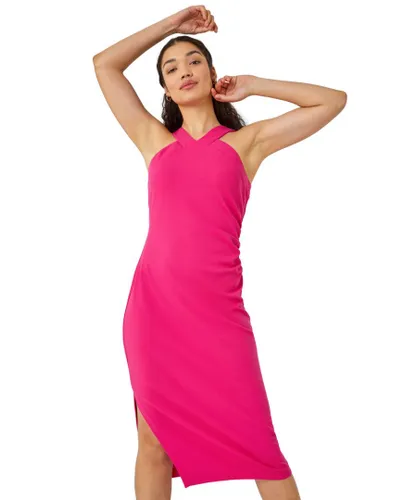 Dusk Womens Ruched Halter Neck Midi Stretch Dress - Pink
