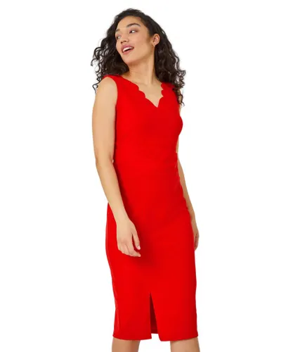 Dusk Womens Scallop Detail Midi Stretch Dress - Red