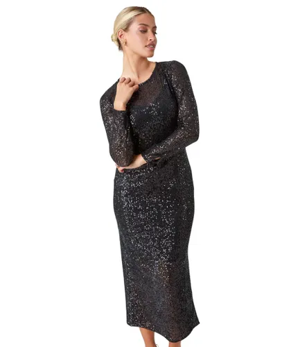 Dusk Womens Sequin Embellished Midi Stretch Dress - Black
