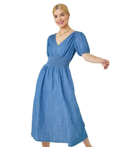 Dusk Womens Shirred Waist Pocket Midi Dress - Blue
