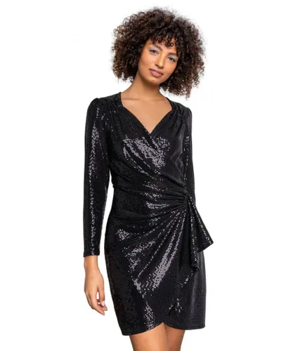 Dusk Womens Sparkle Embellished Ruched Wrap Dress - Black