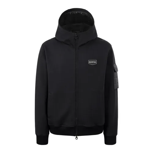 Duvetica , Black Full-Zip Hooded Sweatshirt with Woven Details ,Black male, Sizes: