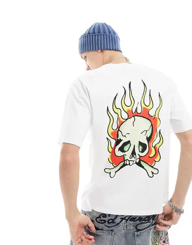 Ed Hardy oversized t-shirt with logo front and flaming skull back print-White