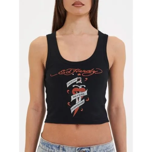 Ed Hardy Womens Black Death Before Ribbed Cropped Vest