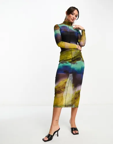 Edited long sleeve mesh midi dress in abstract print-Multi
