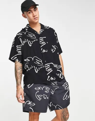 Element resort bird print shirt co-ord in black