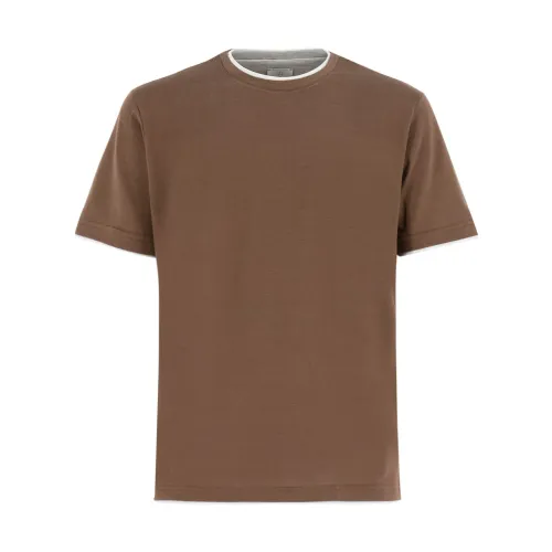 Eleventy , Contrast Detail Cotton T-shirt ,Brown male, Sizes: