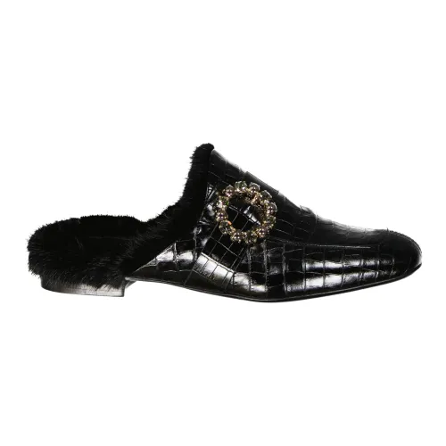 Eleventy , Leather Fur Mules with Crystal Buckle ,Black male, Sizes: