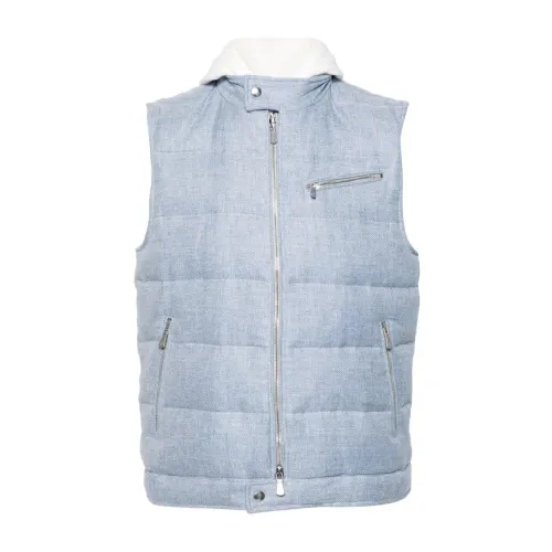 Eleventy , Linen/wool/silk gilet with detachable hood ,Blue male, Sizes: