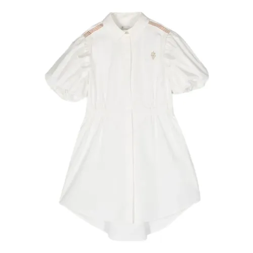 Eleventy , White Milano Dress with Balloon Sleeves and Striped Shoulder Detail ,White female, Sizes: