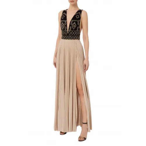 Elisabetta Franchi , Black and Gold Long Evening Dress with Diamond Embroidery ,Black female, Sizes: