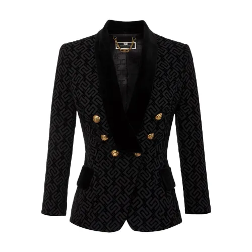Elisabetta Franchi , Black Double-Breasted Jacket with Logo Print ,Black female, Sizes: