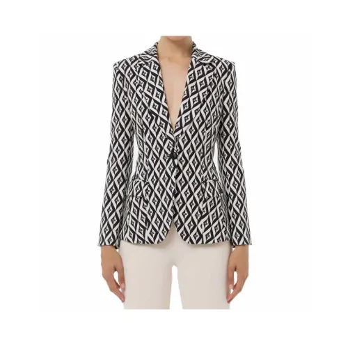 Elisabetta Franchi , Black Double Crepe Jacket with Diamond Print ,Black female, Sizes: