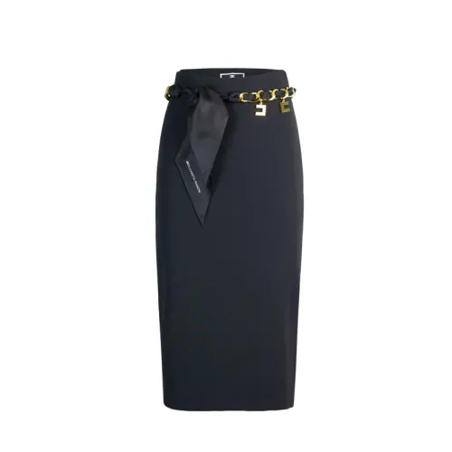 Elisabetta Franchi , Black Double Stretch Crepe Midi Skirt ,Black female, Sizes:
