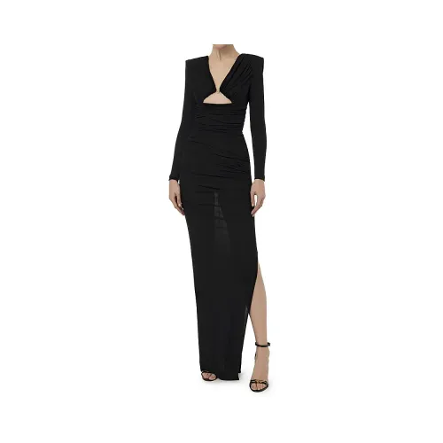 Elisabetta Franchi , Black Draped Jersey Dress with Side Slit ,Black female, Sizes: