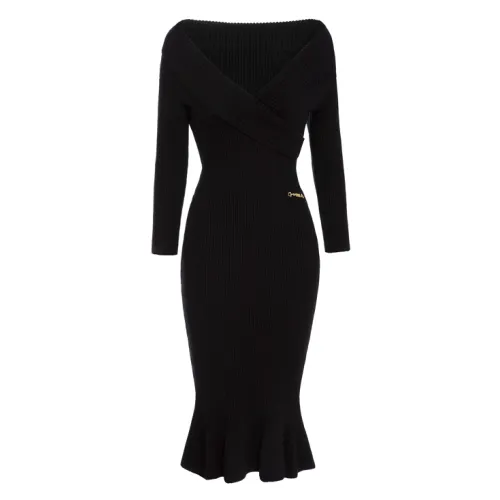 Elisabetta Franchi , Black Knit Dress with Godet Skirt ,Black female, Sizes: