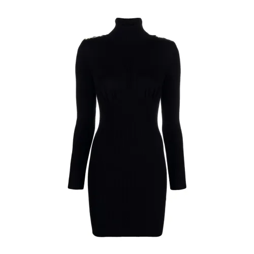 Elisabetta Franchi , Black Knit Long Sleeve Dress with Gold Details ,Black female, Sizes:
