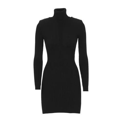 Elisabetta Franchi , Black Knitted Dress with Golden Metal Details ,Black female, Sizes: