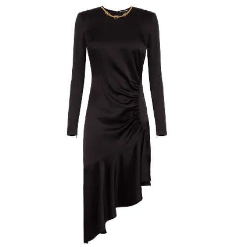 Elisabetta Franchi , Black Satin Dress with Ruffled Sleeves and Draping ,Black female, Sizes: