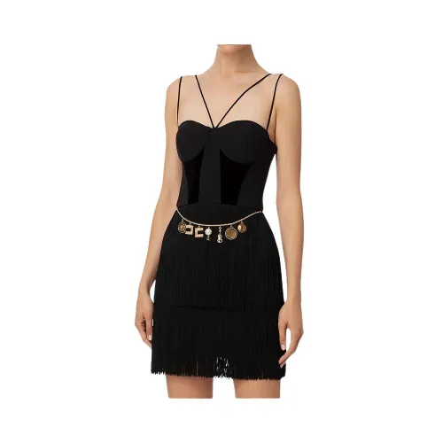 Elisabetta Franchi , Black Stretch Crêpe Dress with Velvet Inserts and Fringe ,Black female, Sizes: