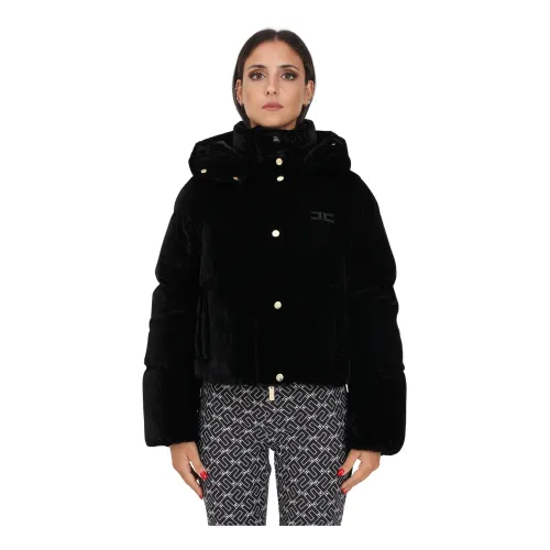 Elisabetta Franchi , Black Velvet Puffer Jacket with Detachable Hood ,Black female, Sizes: