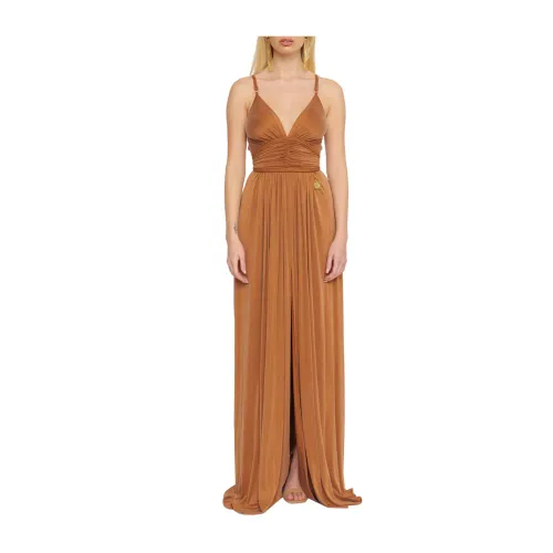 Elisabetta Franchi , Brown Leather Long Dress with Cutouts and Ruching ,Brown female, Sizes: