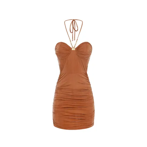 Elisabetta Franchi , Brown Leather Ruffled Mini Dress ,Brown female, Sizes: