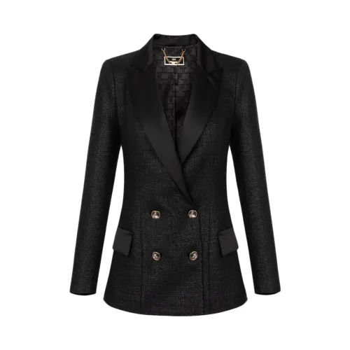 Elisabetta Franchi , Double-Breasted Tweed Laminate Jacket ,Black female, Sizes: