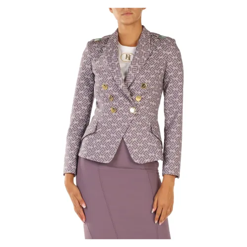 Elisabetta Franchi , Elegant Double-Breasted Logo Print Jacket ,Purple female, Sizes: