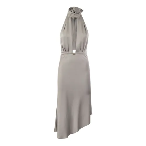 Elisabetta Franchi , Elisabetta Franchi Satin Midi Dress With Asymmetric Skirt ,Gray female, Sizes: