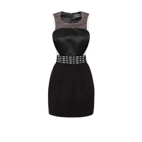 Elisabetta Franchi , Embroidered Pleated Band Mini Dress ,Black female, Sizes: