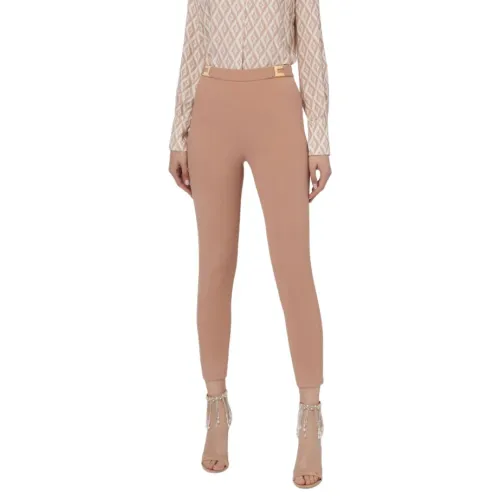 Elisabetta Franchi , High Waist Nude Trousers with Golden Metal Accessory ,Beige female, Sizes: