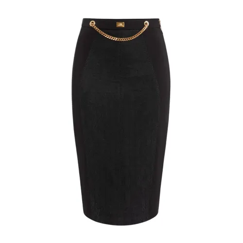 Elisabetta Franchi , High-waisted Jersey Cupro Skirt with Embroidered Diamond Insert ,Black female, Sizes: