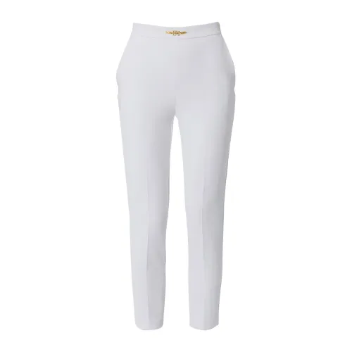 Elisabetta Franchi , Ivory Stretch Crêpe Trousers with Golden Metal Logo Clamp ,White female, Sizes: