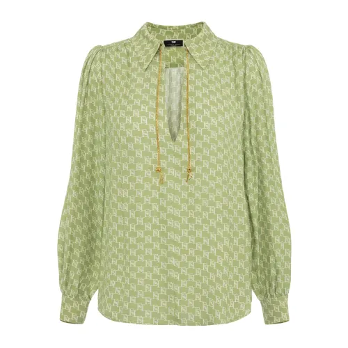Elisabetta Franchi , Logo Print Long Sleeve Shirt with V-Neck ,Green female, Sizes: