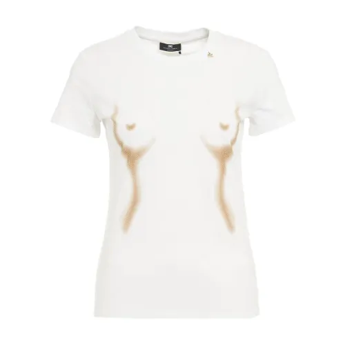 Elisabetta Franchi , Logo T-shirt with Strass Application ,White female, Sizes: