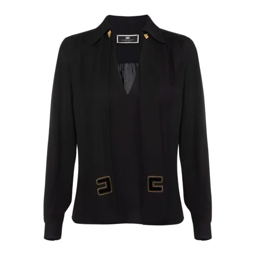 Elisabetta Franchi , Loose Georgette Viscose Shirt with Velvet Logo Scarf ,Black female, Sizes: