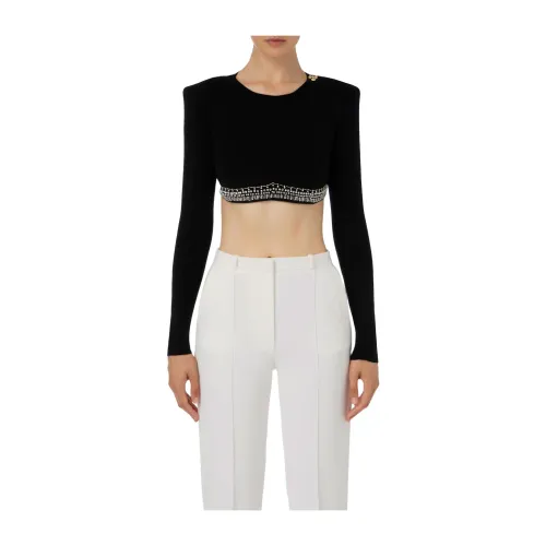 Elisabetta Franchi , Luxurious Long Sleeve Cropped Top with Embroidery ,Black female, Sizes: