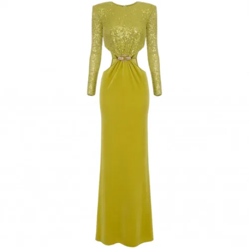 Elisabetta Franchi , Olive Green Sequin Velvet Long Dress ,Green female, Sizes:
