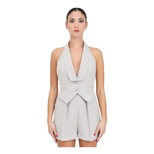 Elisabetta Franchi , Pearl Grey Crêpe Short Jumpsuit with Vest ,Gray female, Sizes: