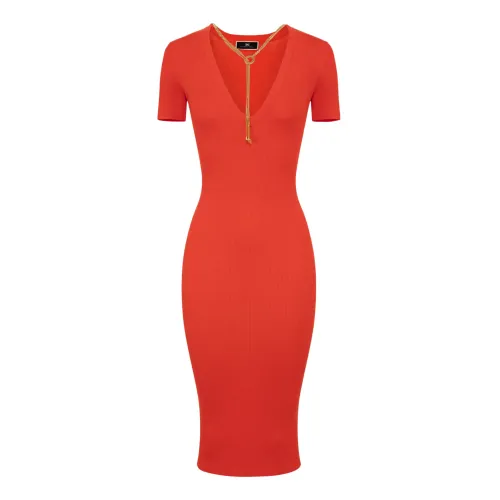 Elisabetta Franchi , Ribbed Viscose Midi Dress - Coral ,Red female, Sizes: