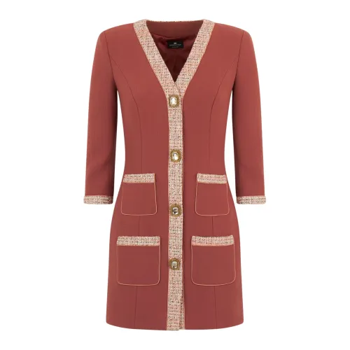 Elisabetta Franchi , Rouge V-neck Dress with Pockets ,Red female, Sizes: