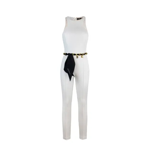 Elisabetta Franchi , Slim Fit American Neck Trousers with Chain and Scarf Accessory ,White female, Sizes: