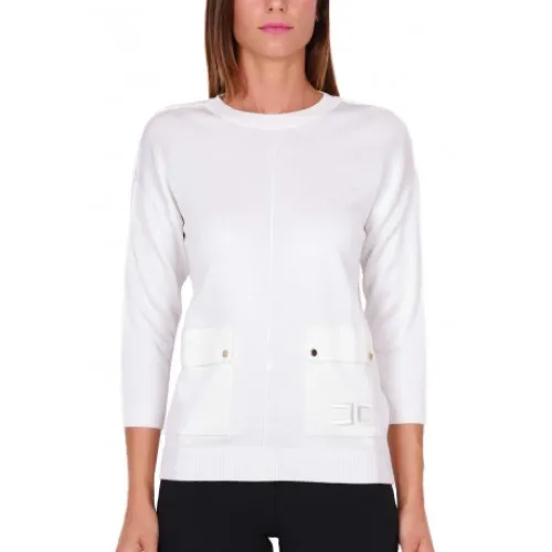 Elisabetta Franchi , Soft Wool Blend Sweater with Pockets ,Beige female, Sizes: