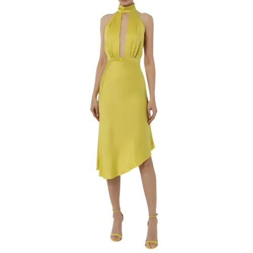 Elisabetta Franchi , Yellow Satin Crêpe Midi Dress with Asymmetrical Flared Skirt ,Yellow female, Sizes:
