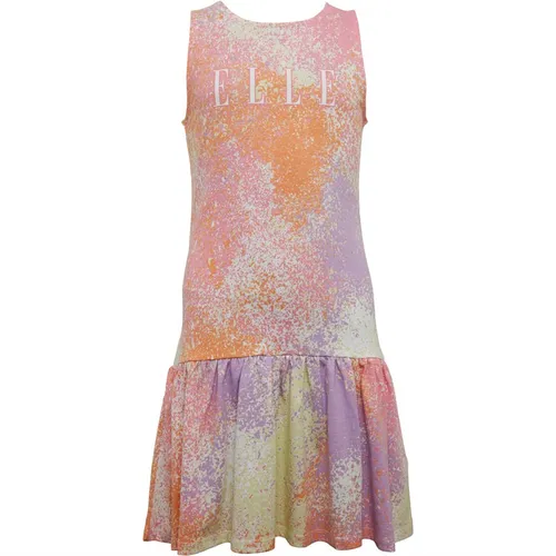Elle Junior Girls Paint Sleeveless Ruffled Hem Dress Plumeria